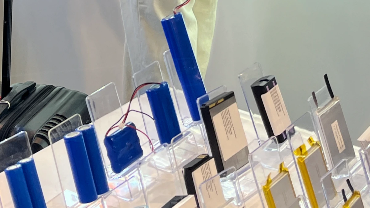 PKNERGY exhibition showcase displaying LiFePO4 battery cells, industrial battery products, and lithium batteries at the Hong Kong Electronics Fair 2026